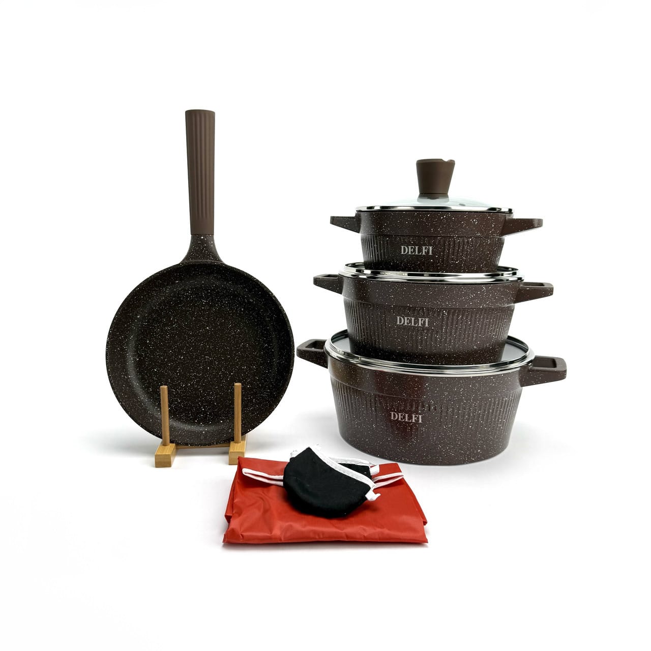 Набір посуду Delfi YD-10, 10 предметів із литого алюмінію. Коричневий (YD-10)